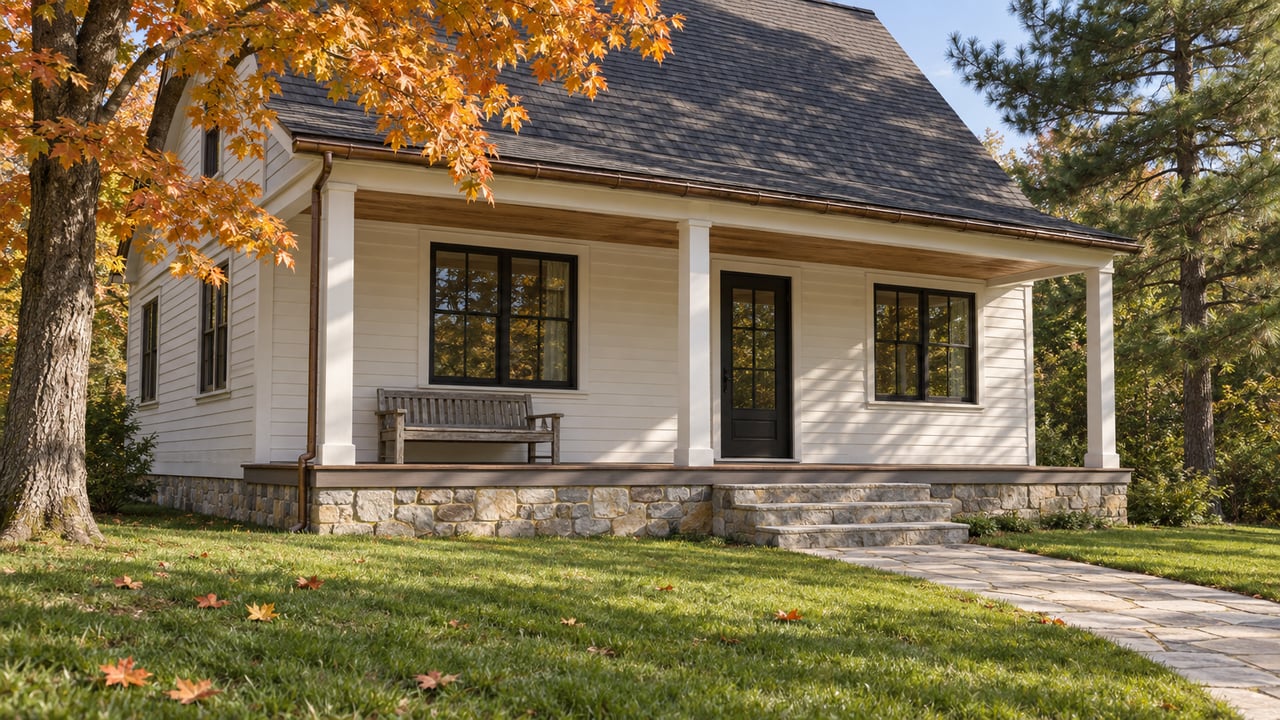 Autumn light across a warm-white cottage with black-framed windows, a stone approach and a covered timber porch.