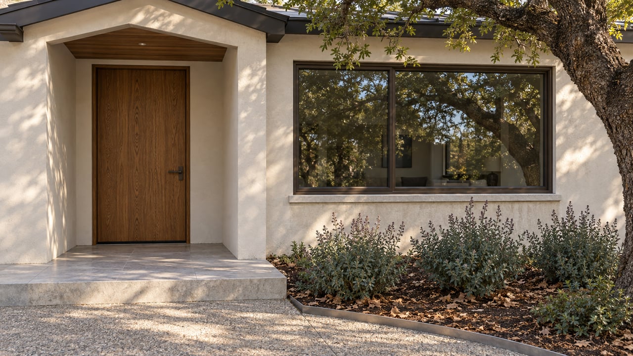 Warm afternoon light across a stucco home's oak entry door, broad window and limestone landing beside a mature oak.