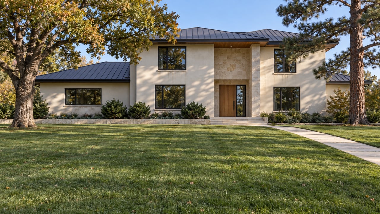 Cream stucco and limestone estate beyond a deep autumn lawn, with mature oak and pine trees and a stone entry walk.