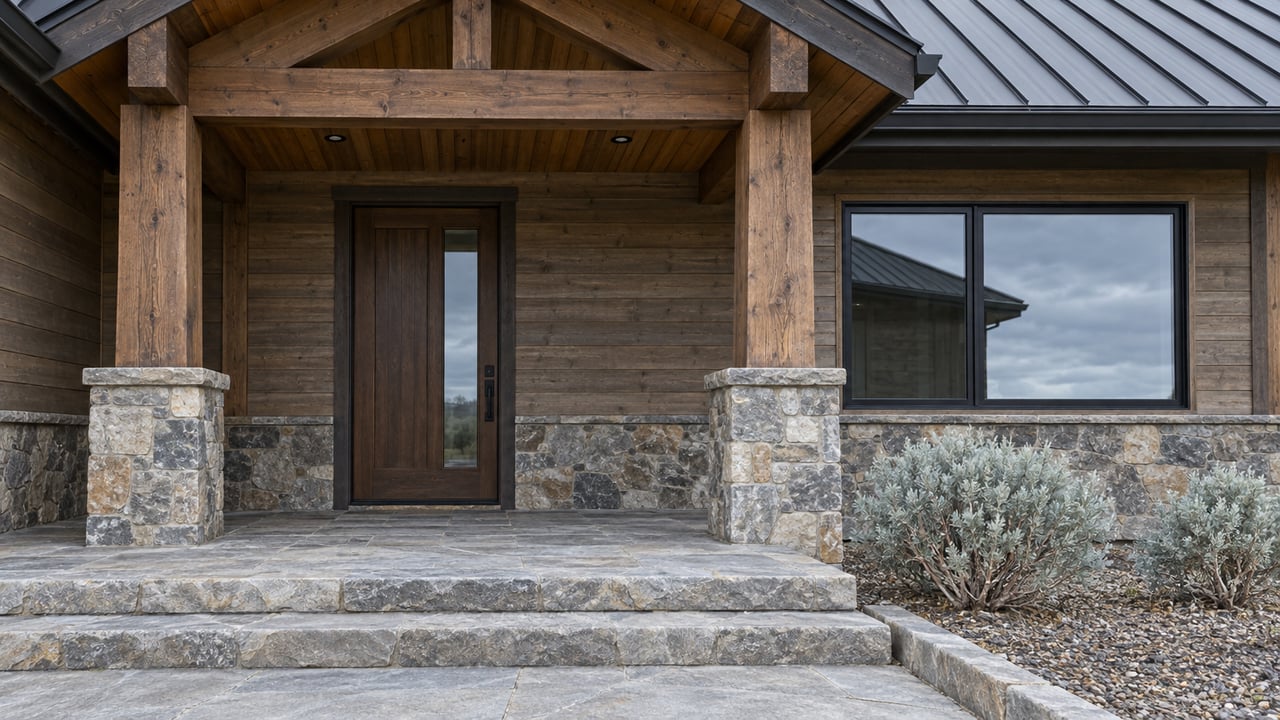 Covered timber entry with gray stone steps, brown wood siding, a dark glazed door and two silver sagebrush plants.