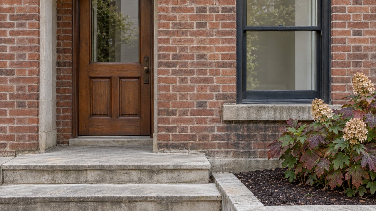 Weathered brick home entrance with a walnut door, tall sash window, limestone steps and burgundy oakleaf hydrangea.