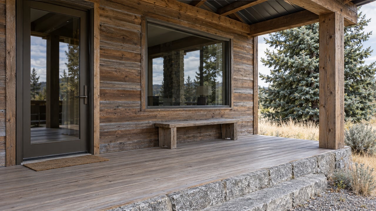 Weathered cedar porch with a glazed entry, granite step and evergreen branches beside dry autumn meadow grasses.