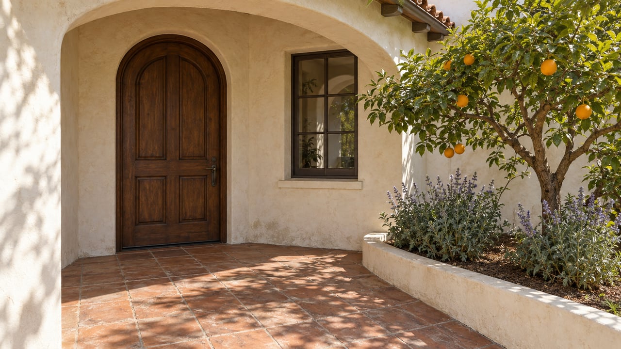 Sunlit stucco entry with an arched oak door, worn terracotta paving, and a mature orange tree in a raised bed.