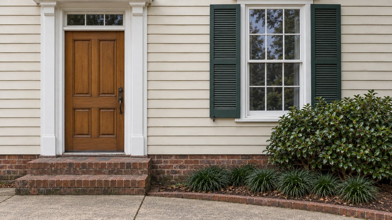 Cream clapboard house with a warm wood front door, tall shuttered window, weathered brick steps and a camellia beside the approach.