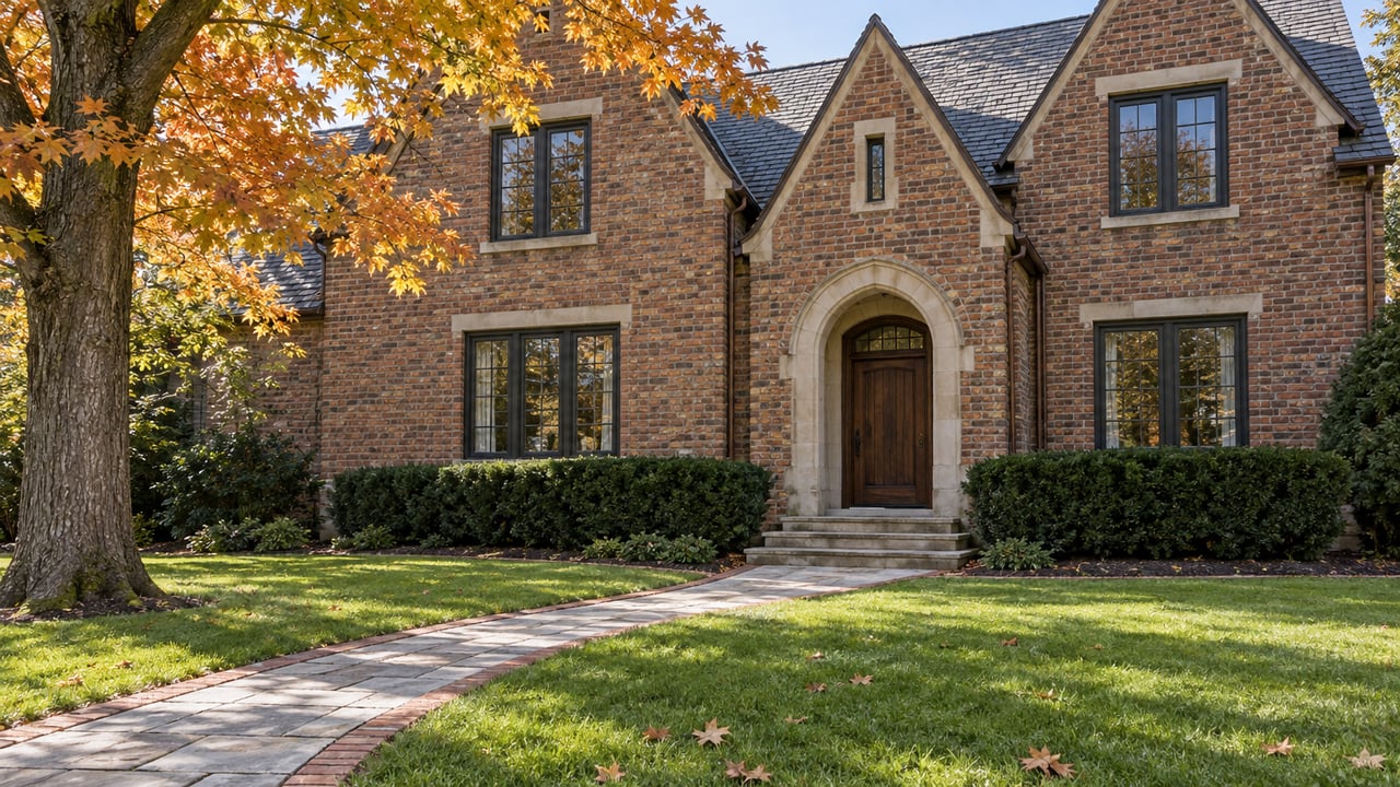 Autumn sunlight on a red-brick house with a limestone arched doorway, slate gables, and a curved stone walk through a broad lawn.