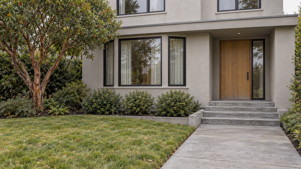 Renovated stucco home with black-framed windows, an oak entrance and concrete steps beside a deep planted front garden.