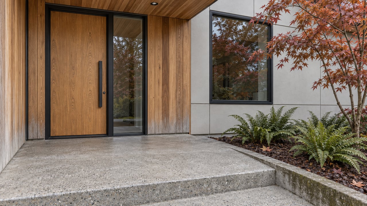 Cedar-clad home entry with a closed oak door, concrete landing, and red-leaved vine maple above sword ferns.