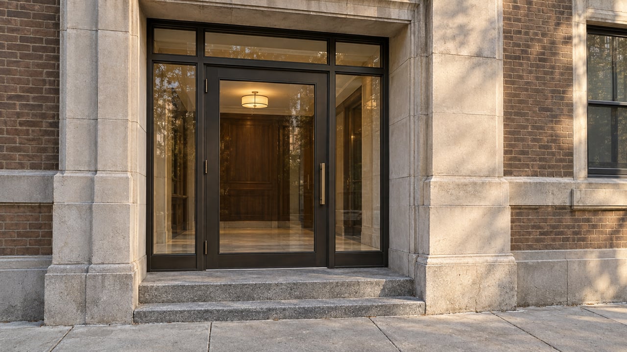 Brick building entrance with dark-framed glass doors, stone steps, and a warmly lit lobby.