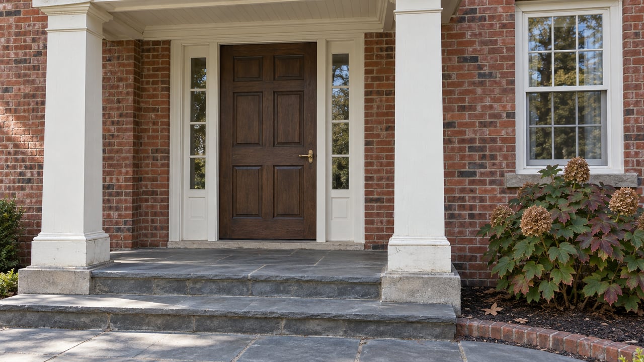 Covered entry with an oak door, paired sidelights, ivory columns, red brick, and worn bluestone steps beside autumn oakleaf hydrangea.