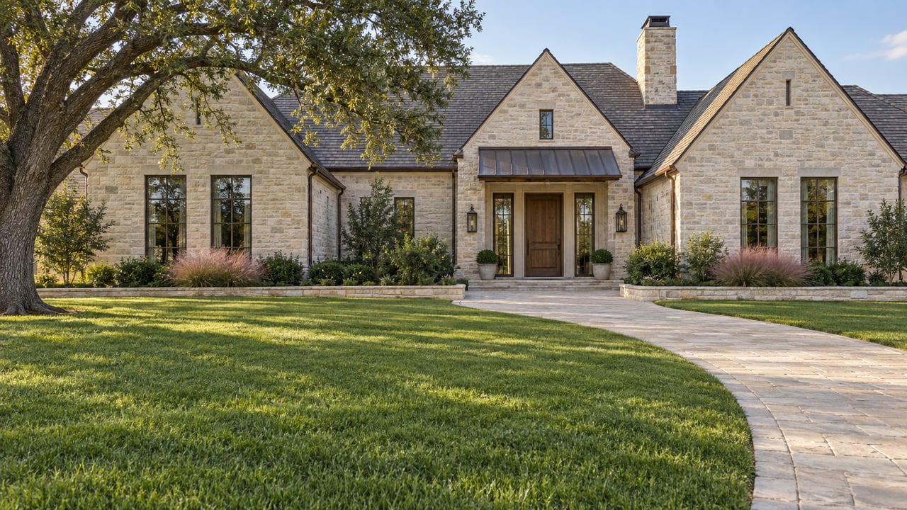 Limestone estate home with gray gabled roofs, a bronze entry canopy, curved stone approach, and a broad lawn beneath a mature live oak.