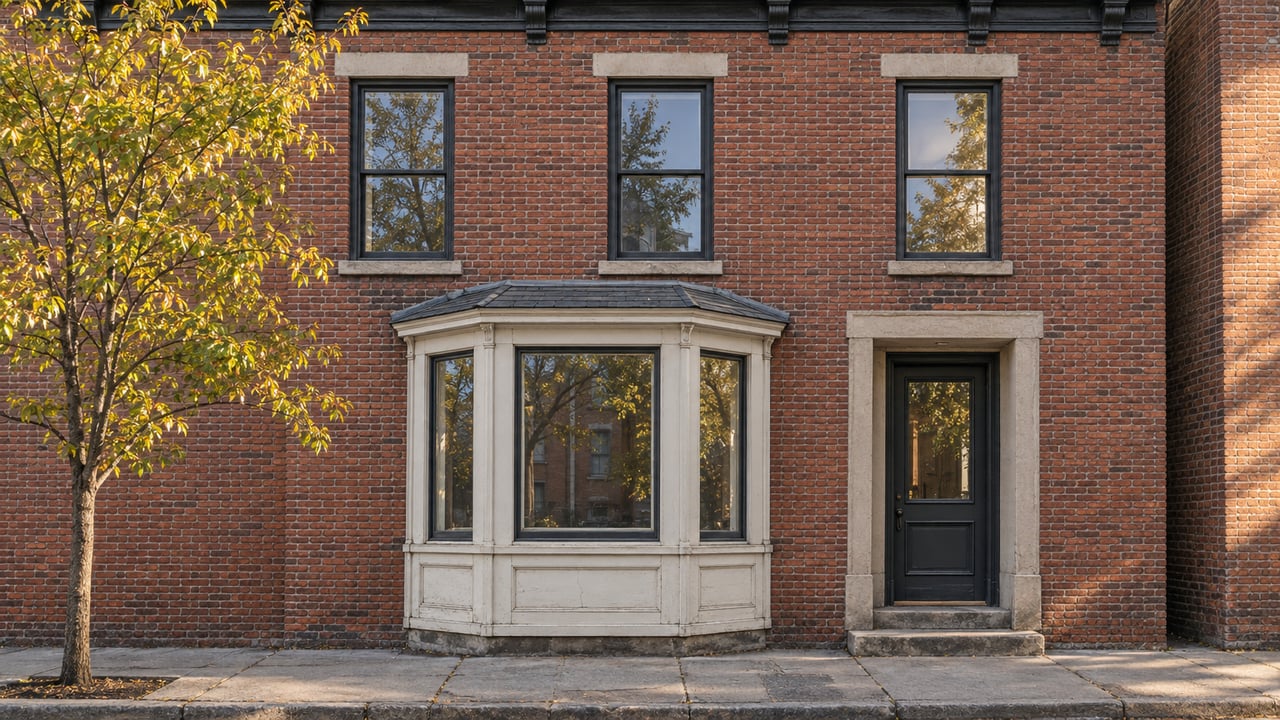 Red-brick rowhouse with a projecting pale bay window, recessed door, and sparse yellow leaves on a street tree.