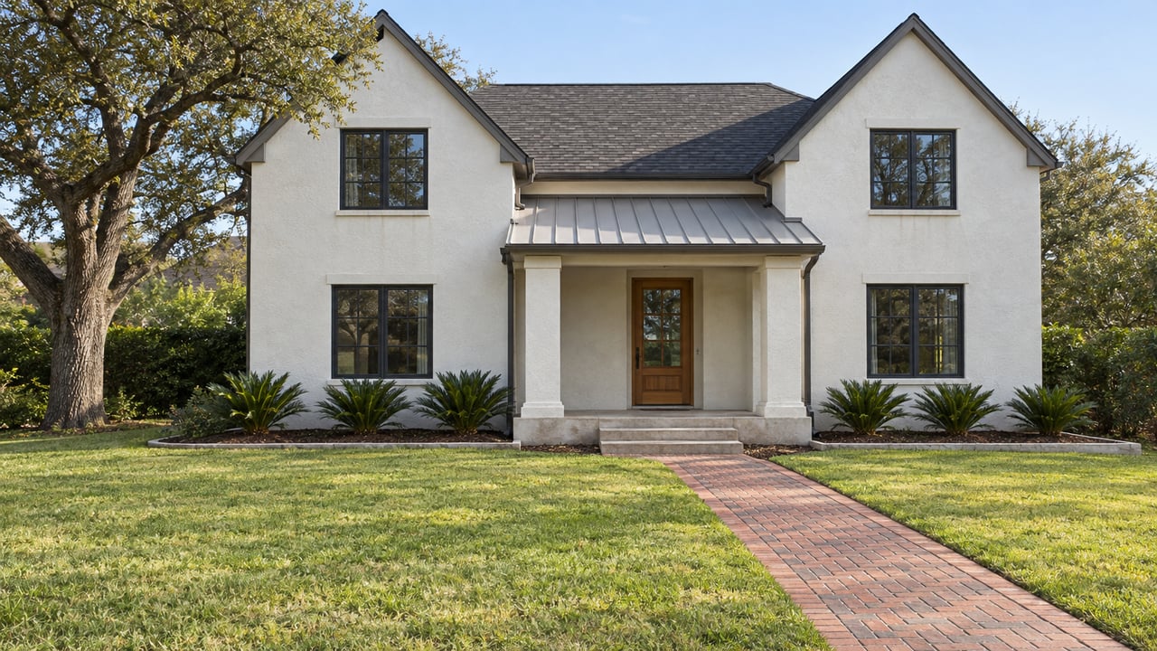 Warm-white gabled home with a shaded metal-roof porch, brick front walk and broad lawn beneath a spreading live oak.