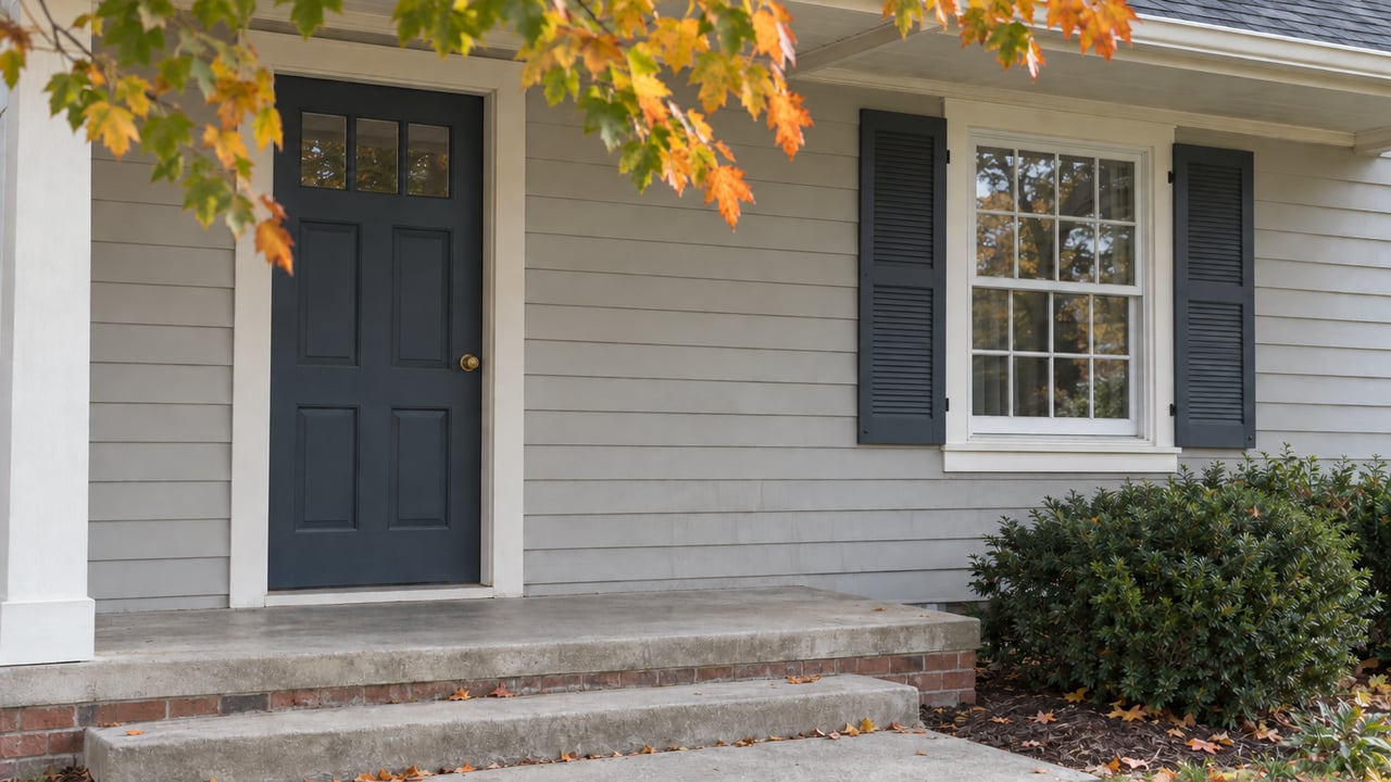 Gray-sided entry with a six-over-six window, paired charcoal shutters, and maple leaves overhead.