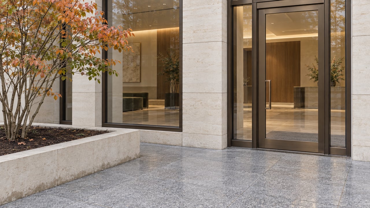 Limestone and bronze-framed residential entrance beside a raised stone planting bed with a copper-leaved serviceberry.