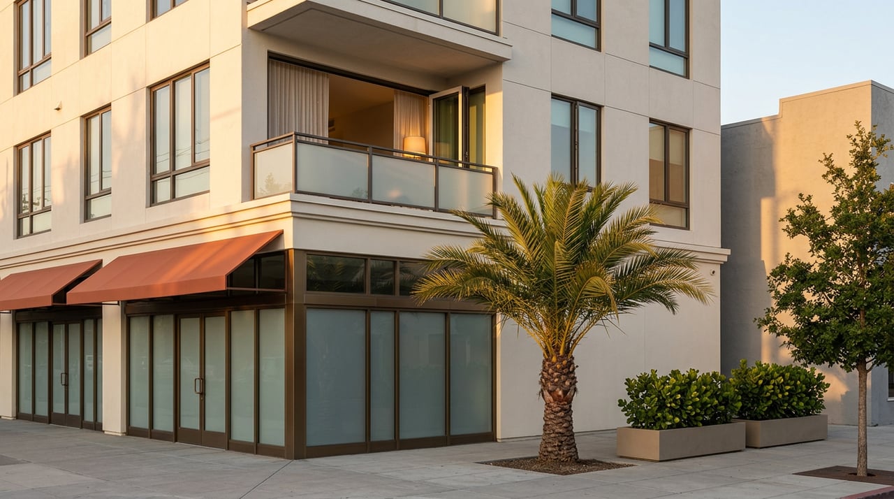 Contemporary mixed-use building with bronze-framed storefront, recessed balcony, palm, and clipped hedge planters.