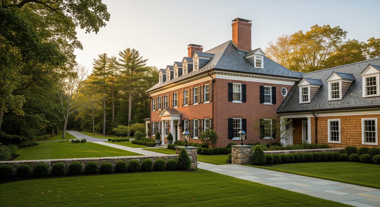 Large red-brick house with slate roof and dormer windows, beside a curving path and manicured lawn.