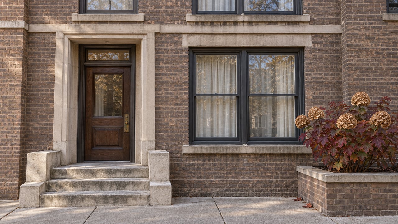 Brown-gray brick home entrance with limestone steps, a dark oak door, closed sash windows and burgundy oakleaf hydrangea.