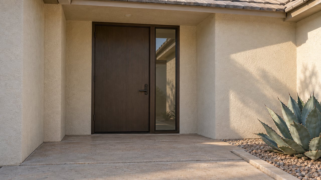 Recessed home entrance with a dark bronze door, glass sidelight, concrete landing, and agave in gravel.