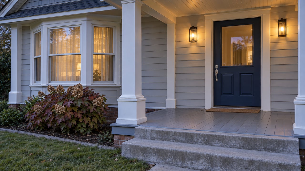 An early-evening porch with pale clapboard siding, a blue front door, glowing windows and autumn oakleaf hydrangea beside broad steps.