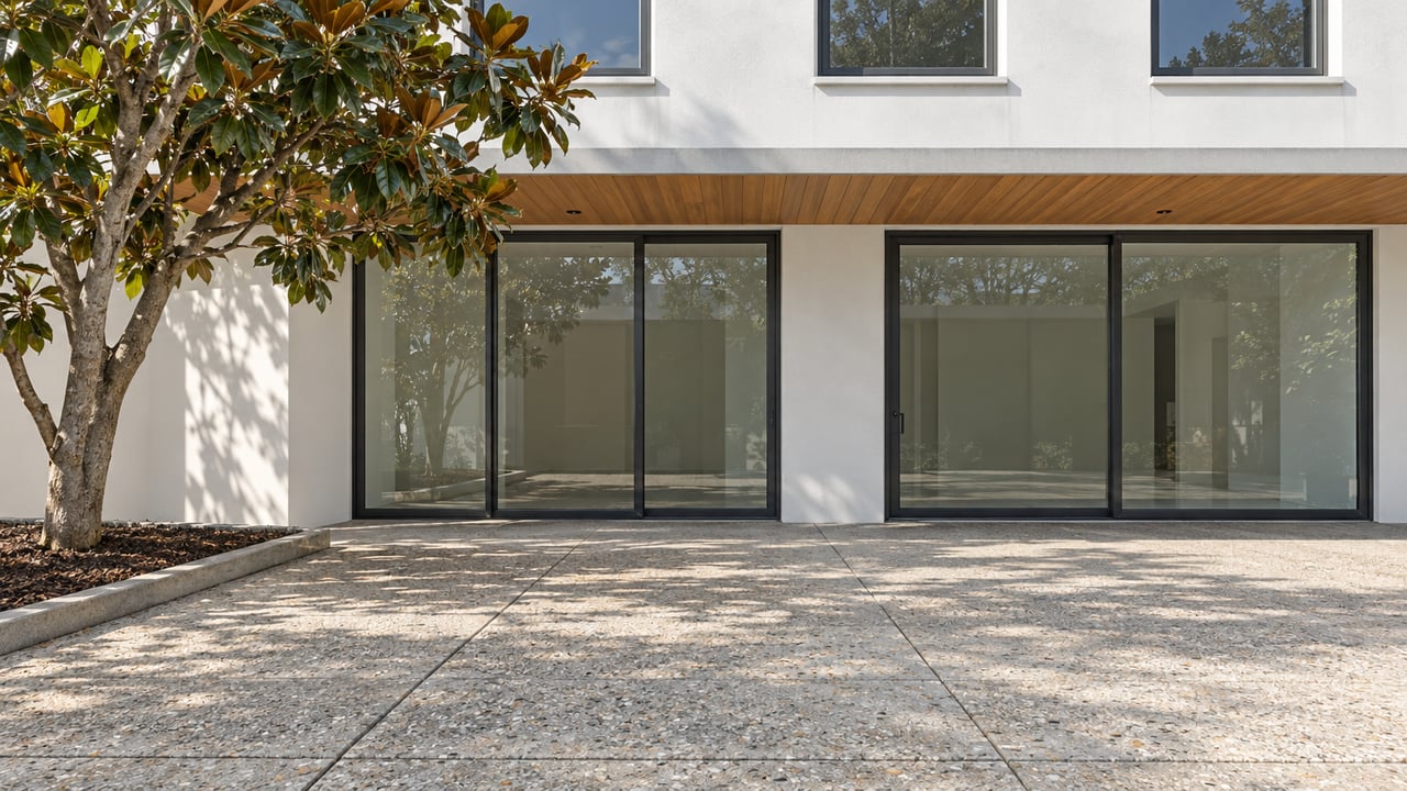 White condominium facade with tall charcoal-framed glazing, a warm wood canopy and a specimen magnolia beside shell-aggregate courtyard paving.