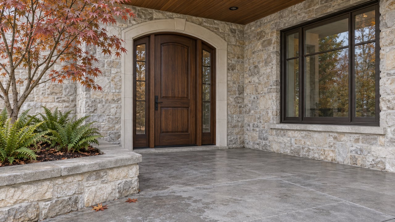 Sheltered stone entry with an arched wood door, glazed sidelights and autumn vine maple beside a raised planting bed.