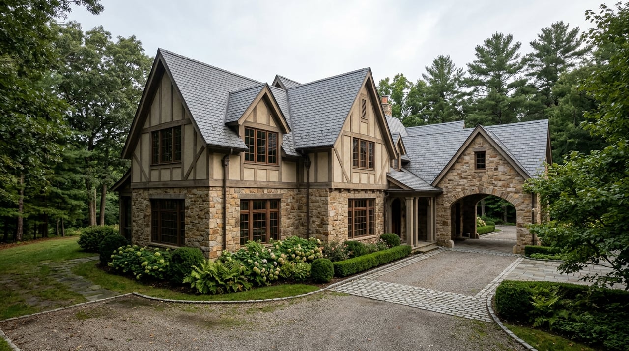 White stucco estate with arched breezeway, curving bluestone drive, magnolia, and pink-blooming grass.