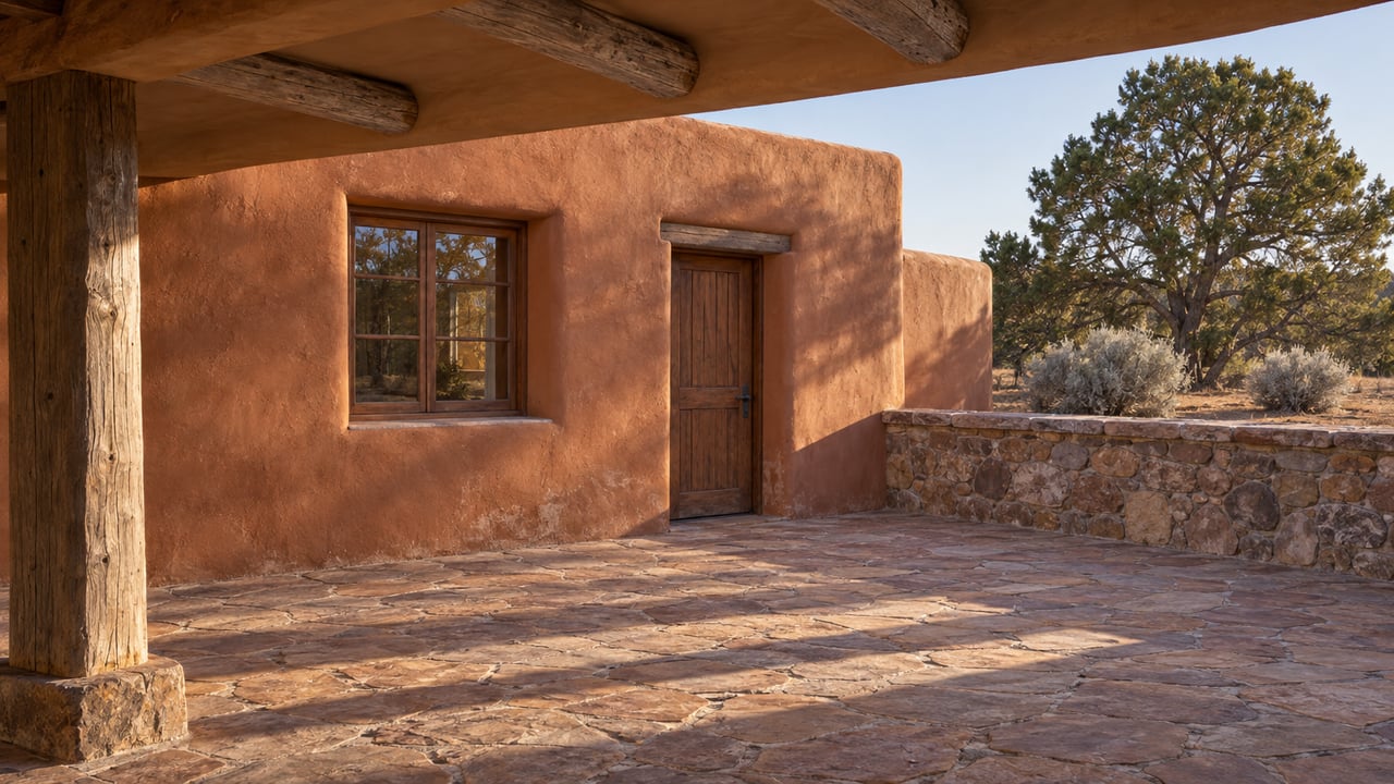 Adobe courtyard beneath a timber portal, with terracotta walls, stone paving, and a pinon pine beyond the low wall.