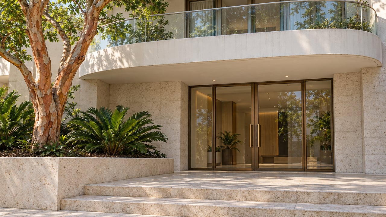 Close exterior view of a white condominium entrance with bronze-framed glass doors, limestone steps, a curved glass balcony, and a copper-barked tree.