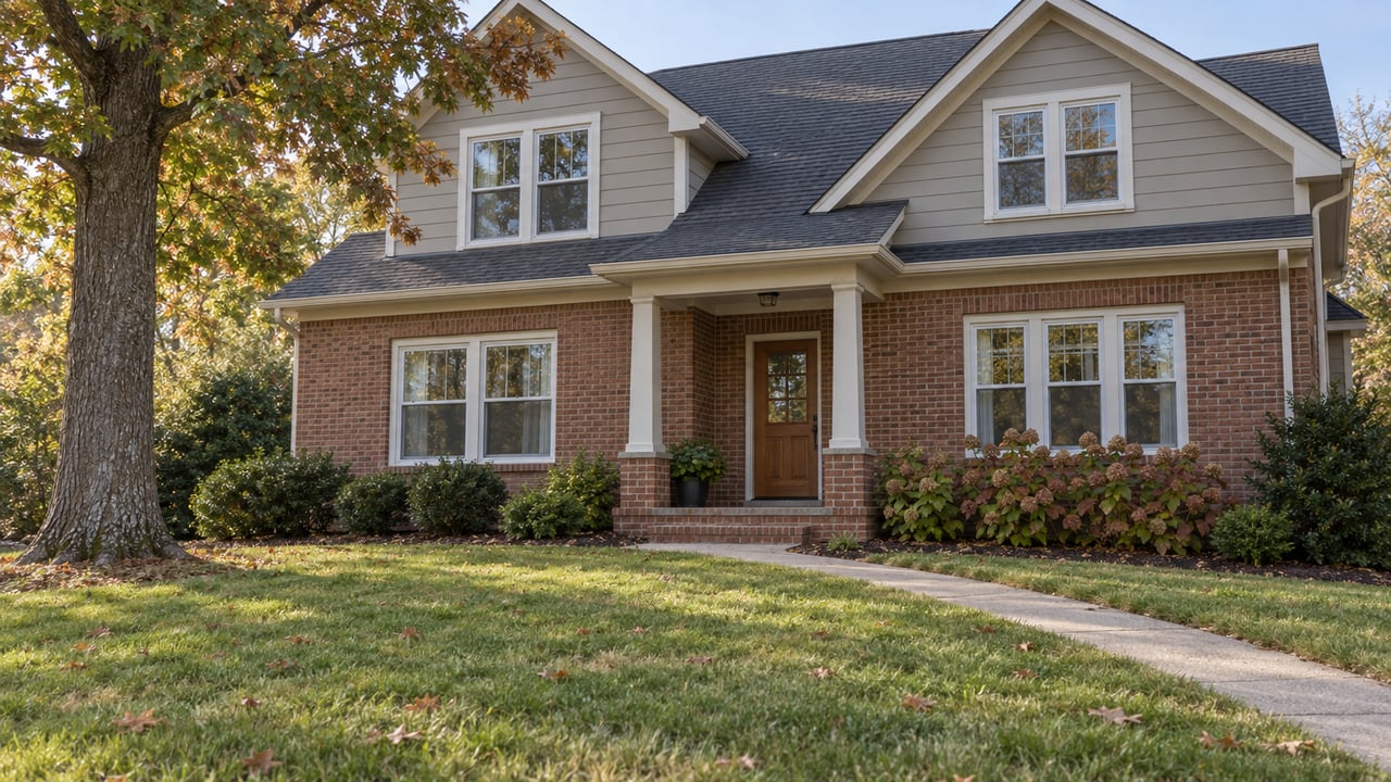 Brick and gray lap-sided gabled home behind a deep lawn, with an oak tree and autumn oakleaf hydrangeas beside the entry.