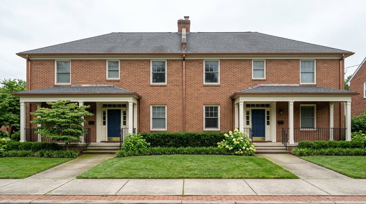 Symmetric brick duplex with twin gabled roofs, matching porches, navy doors, and a narrow front lawn.