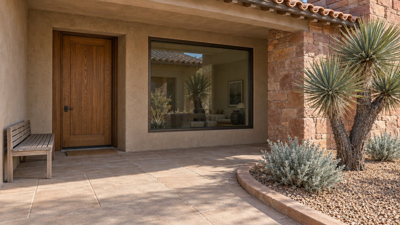 Sunlit desert home entry with sandstone columns, a shaded oak door, teak bench, and sculptural yucca beside a paved terrace.