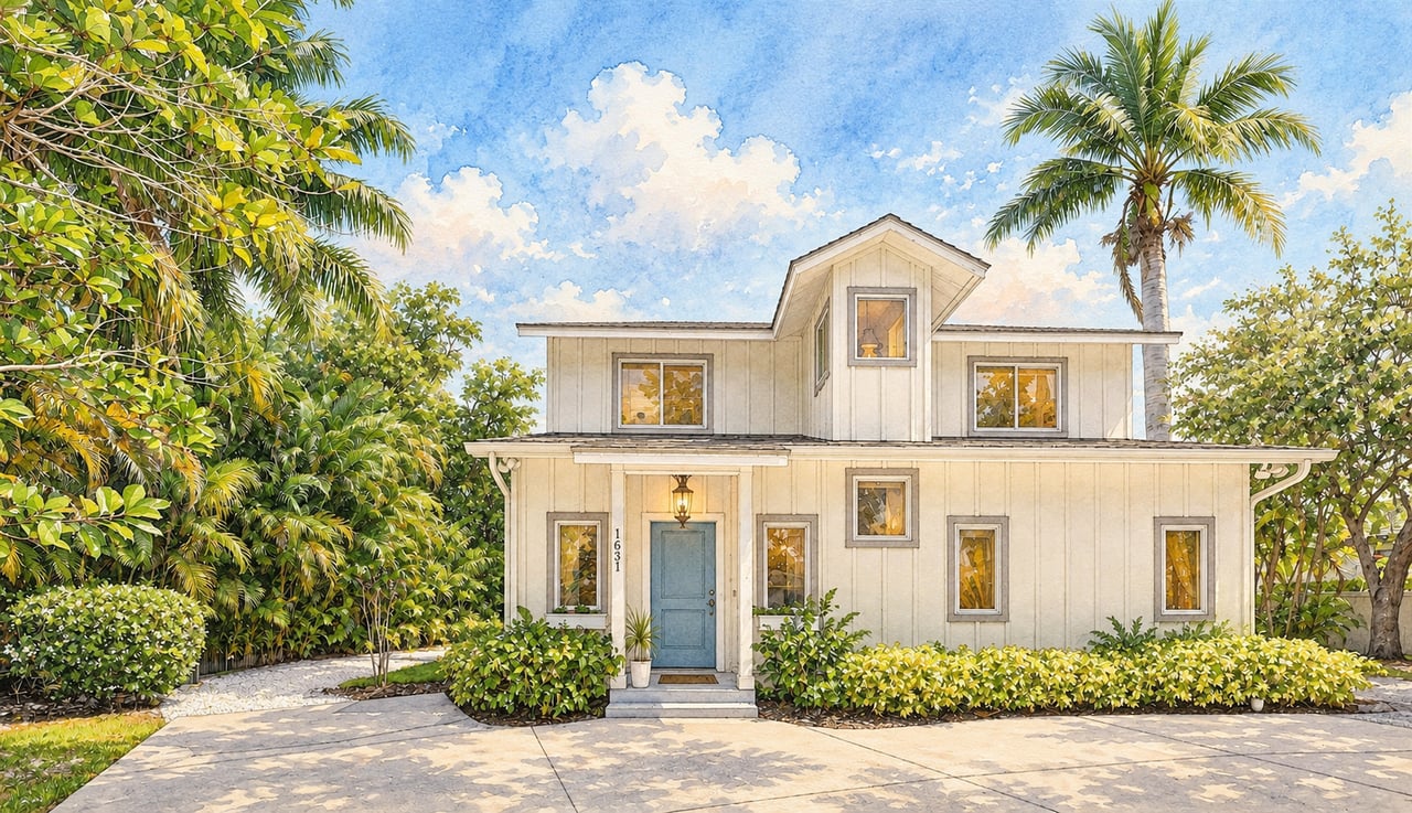 White two-story home with a blue front door, tropical landscaping, and palm trees.