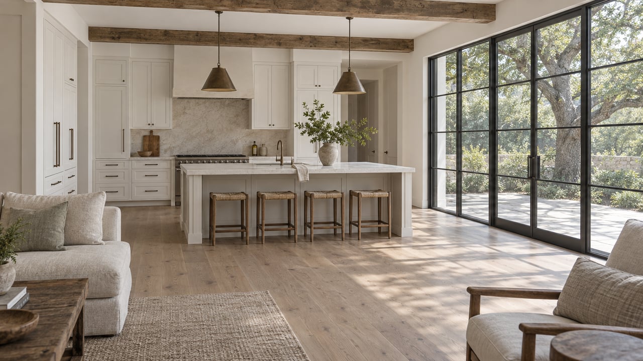 Renovated kitchen with a stone island, oak beams, pale oak floors, and black-framed glass doors overlooking a mature oak.
