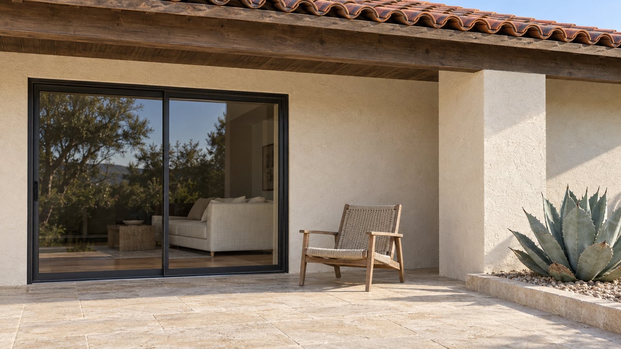 Morning light on an ivory stucco home's tiled terrace, bronze sliding glass doors, teak lounge chair and blue-gray agave.