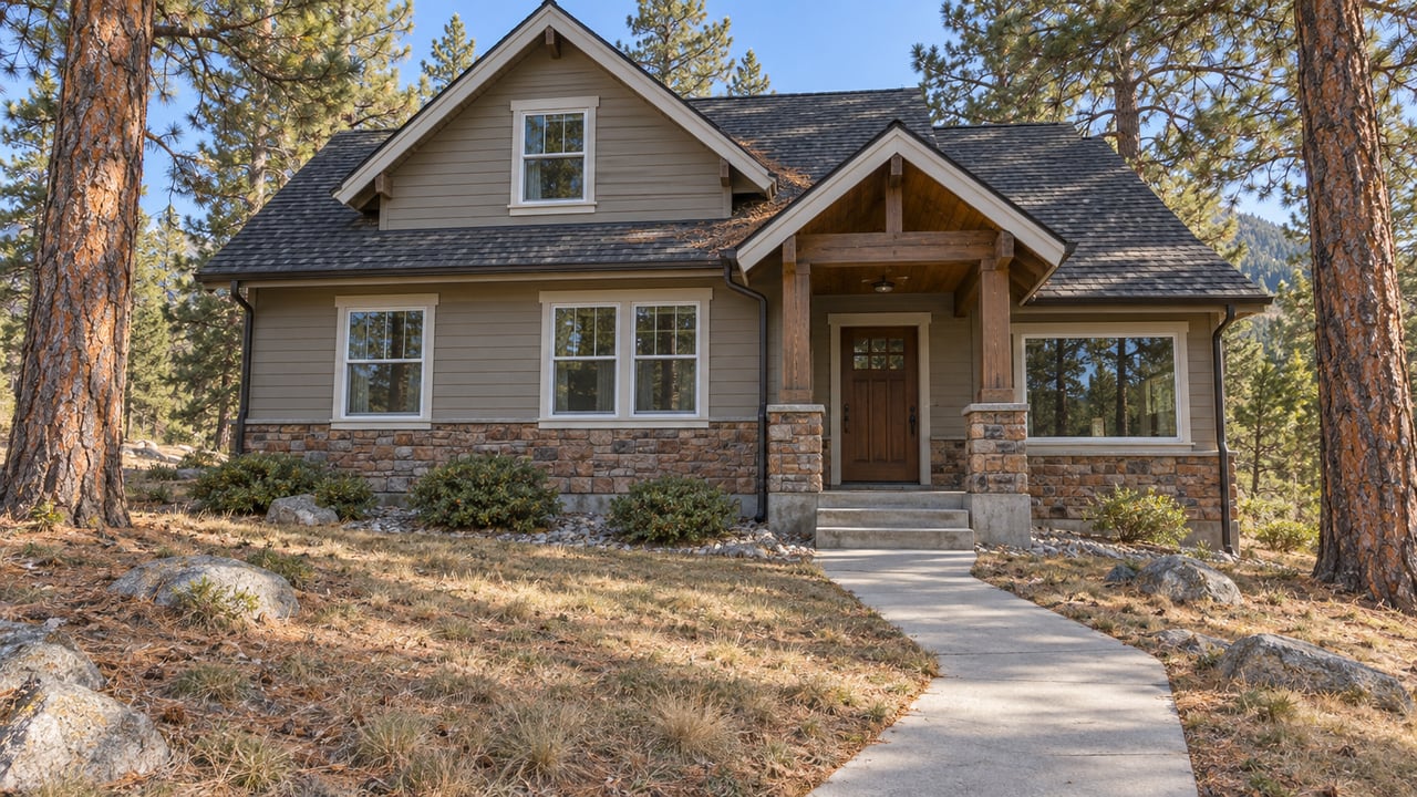 A modest gabled home with timber porch posts, stone foundation facing, and a dry autumn yard beneath two mature pines.