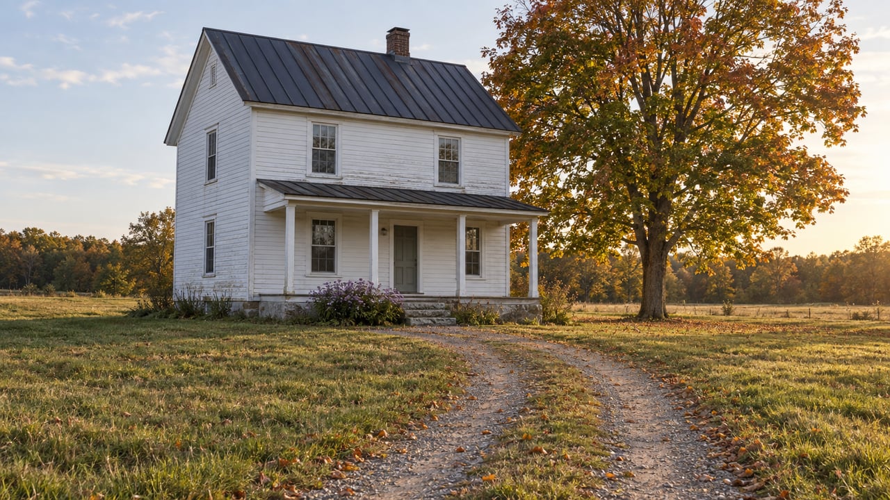 White two-story farmhouse beside a mown field, with a curving gravel drive and an amber-green maple.