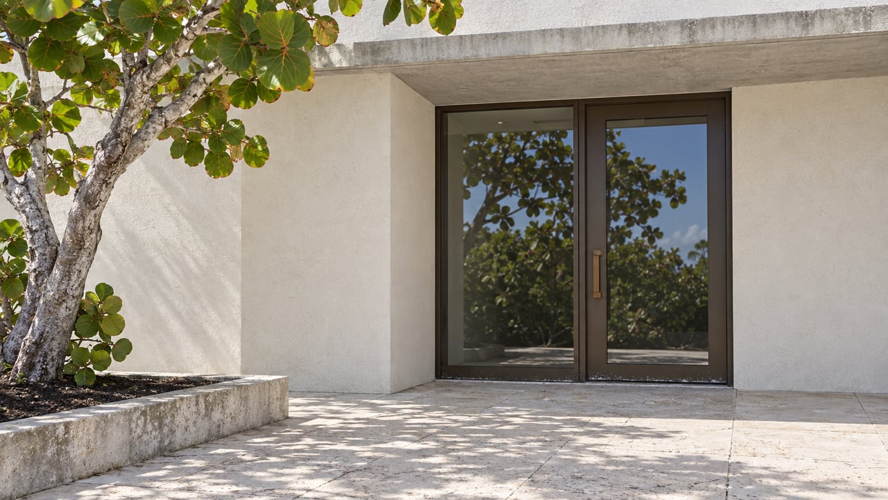 Sunlit white stucco entry with bronze-framed glass door, limestone paving and a sculptural sea grape tree in a raised concrete bed.