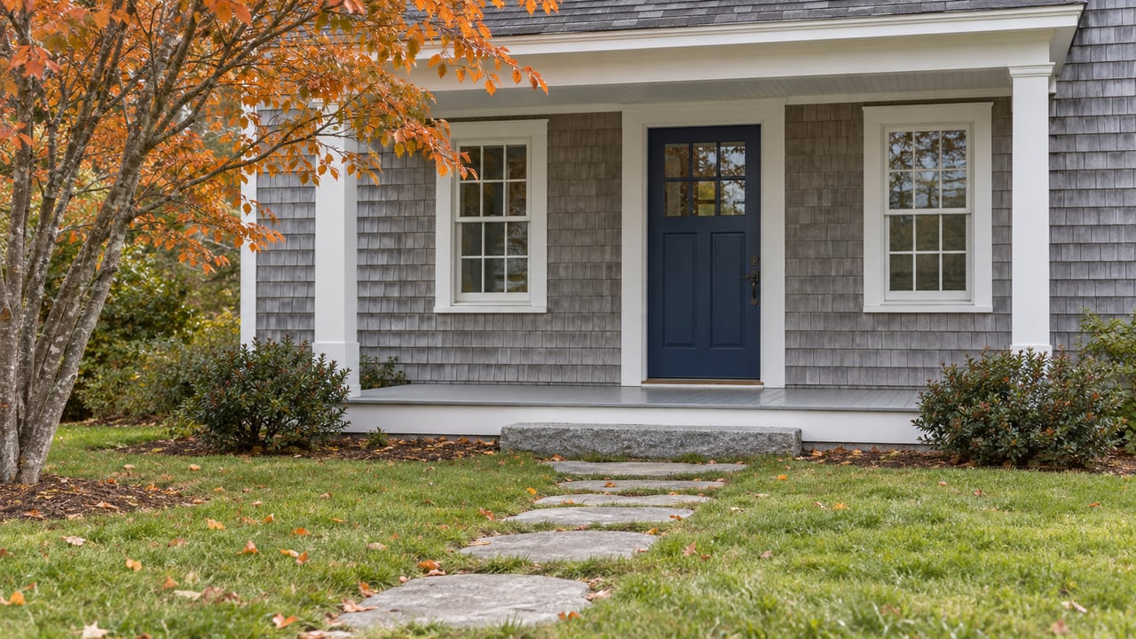 Silver-gray shingled house with a blue front door, white-trimmed windows, and a stone path across the lawn.
