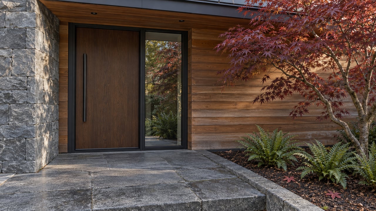 Modern home entrance with cedar siding, a dark wood door, basalt paving and a burgundy Japanese maple.