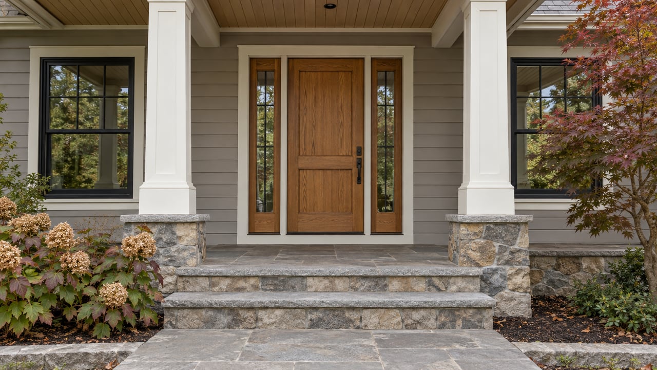 Covered front entry with an oak door, paired white columns, broad stone steps and autumn planting beside gray siding.