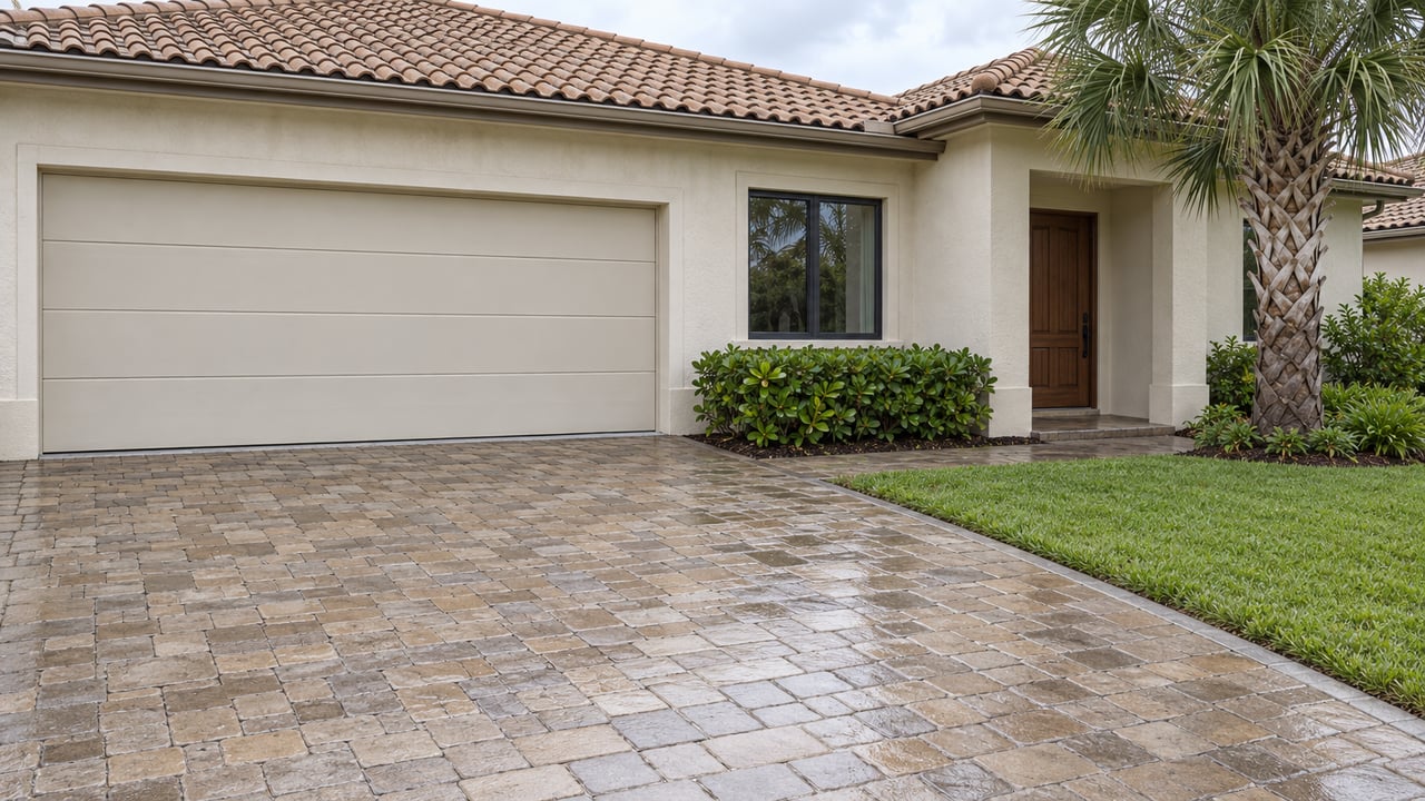 Warm ivory stucco home with a two-car garage, recessed entry, palm tree, and damp paver driveway.
