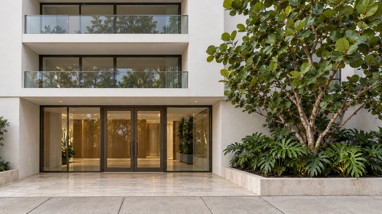 White stucco condominium entrance with bronze-framed glass doors, limestone paving and a sculptural sea grape tree.