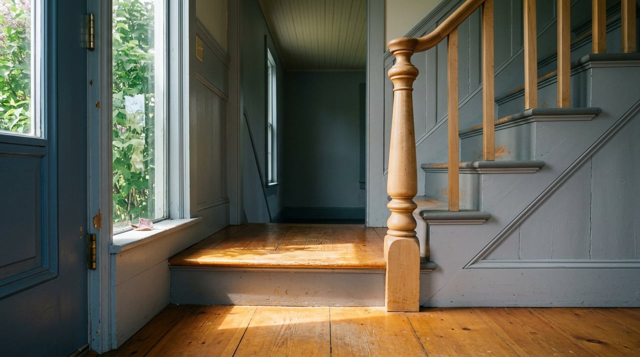 Maple newel post and balusters beside a gray-paneled staircase, with sunlight across honey-colored floorboards.