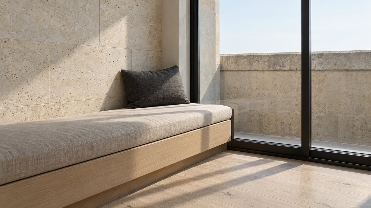 Sunlit condo window seat with cream limestone walls, pale oak flooring, linen upholstery and closed black-framed glass overlooking a stone balcony parapet.