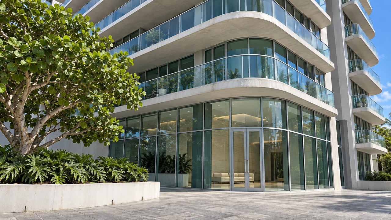 Close upward view of a contemporary condominium with curved white balconies, teal glass and a tropical planted entry.