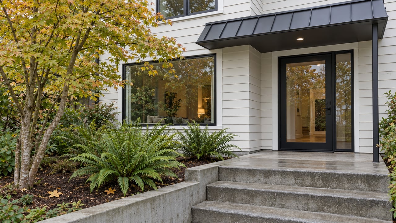 A contemporary home's sheltered glass entry and large windows overlook concrete steps and a small garden with a vine maple and sword ferns.