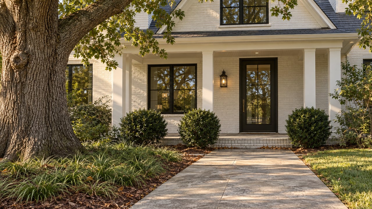 Recessed entry of an off-white brick home beneath a mature oak, beside a worn paver path and inkberry shrubs.