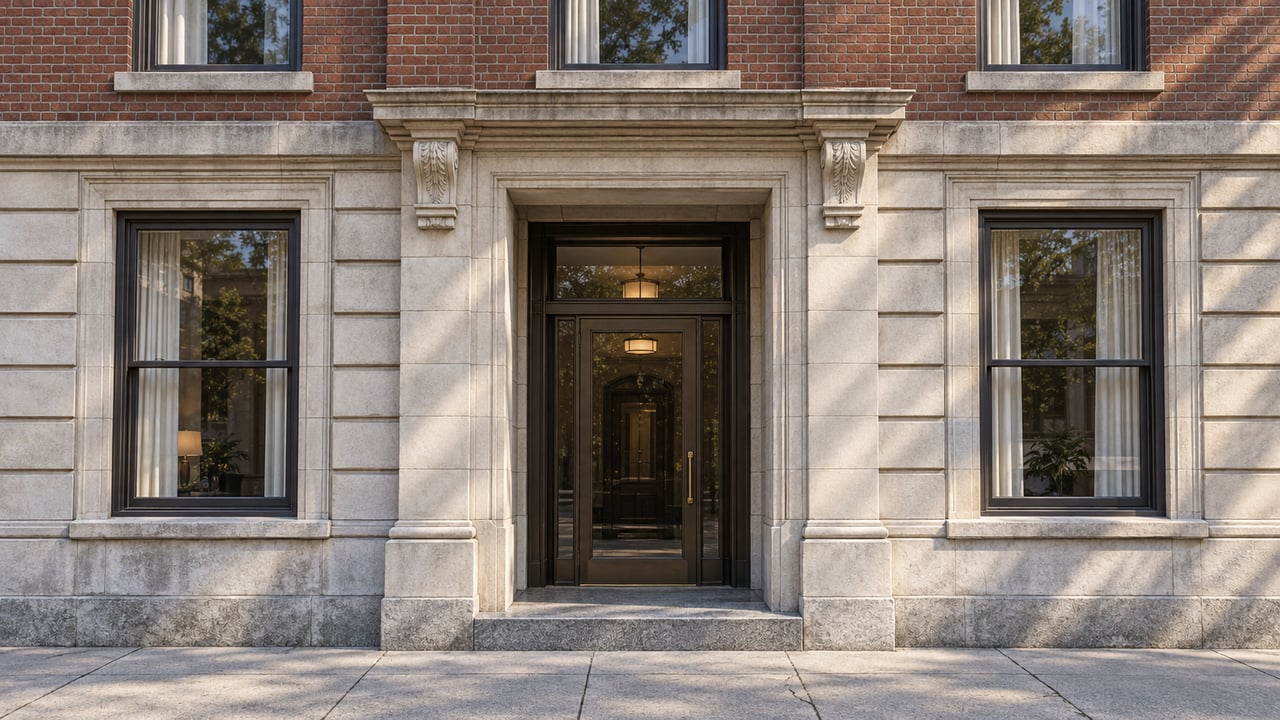 Sunlit limestone and red-brown brick apartment frontage with bronze-framed windows and a recessed glazed entrance beside a worn concrete sidewalk.