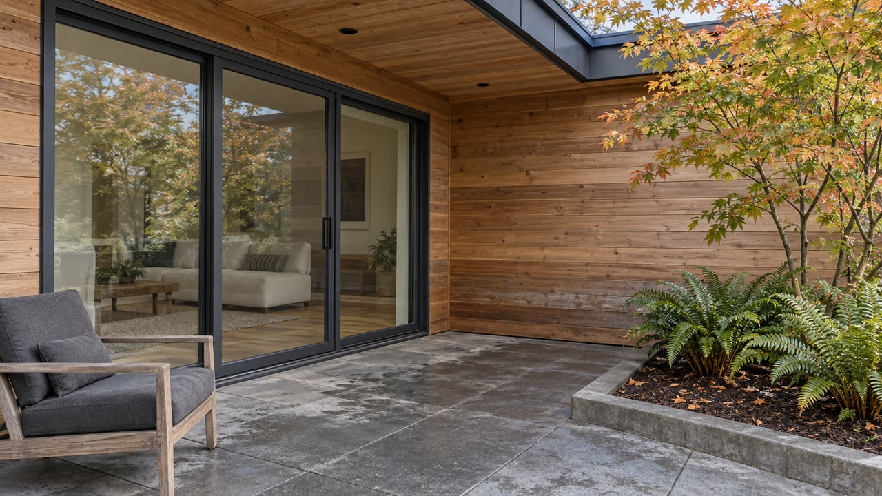 A covered cedar-clad home's terrace with closed glass doors, a weathered teak chair, and a vine maple above sword ferns.