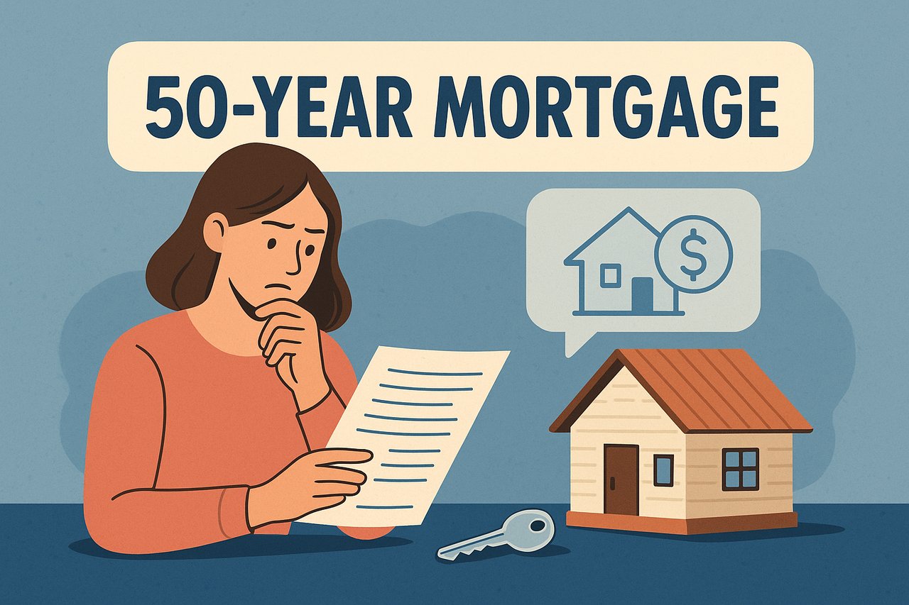 Flat-style illustration of a two-story suburban home with trees and hills in the background, with large text at the top reading ‘50-Year Mortgage.